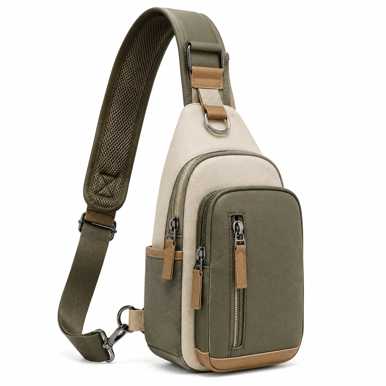 Sling Umh?ngetasche 18 ¡Á 8 ¡Á 30 cm aus Textil und Kunstleder Olivgr¨¹n Beige mit verstellbarem Schultergurt