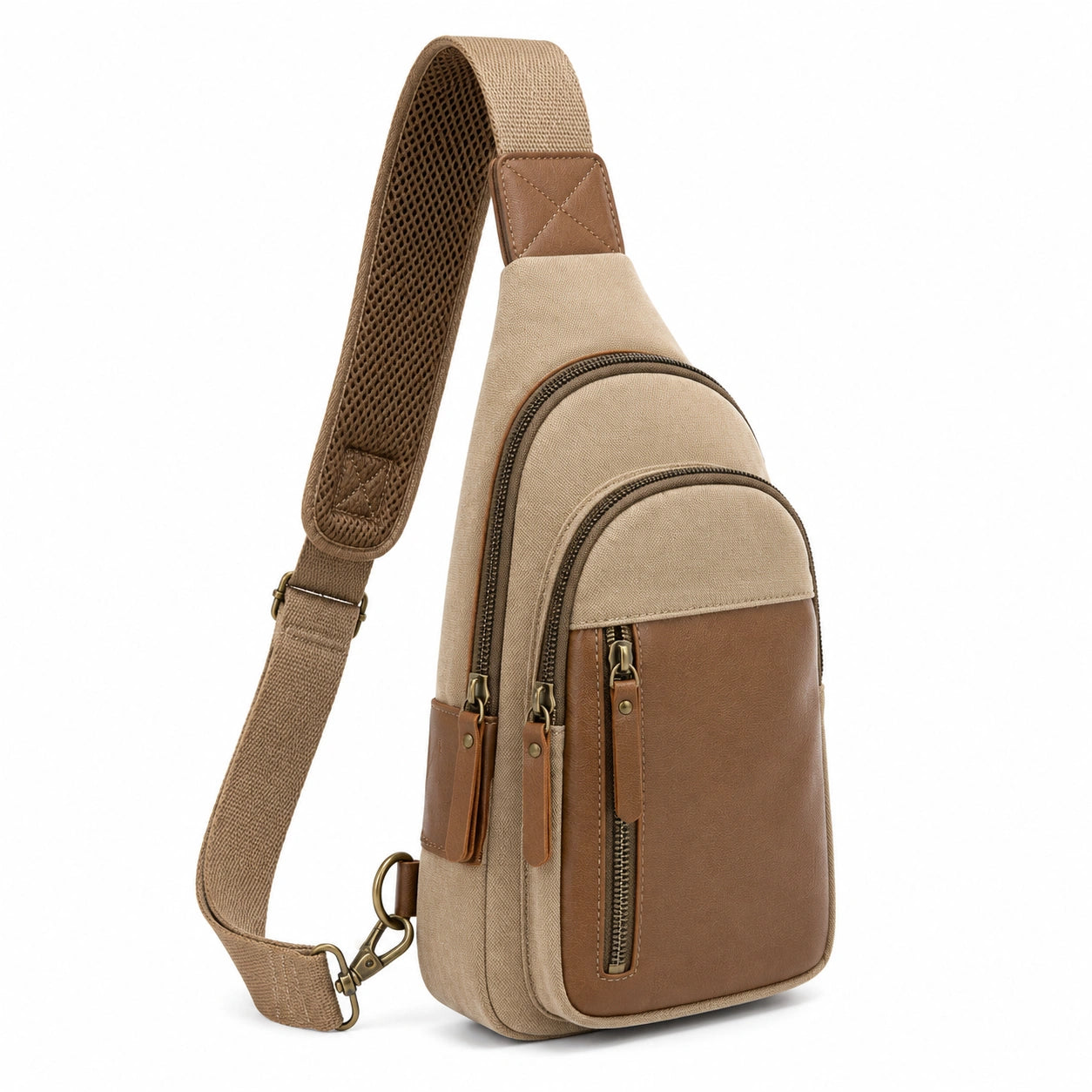 Umh?ngetasche 18 x 8 x 32 cm Canvas Kunstleder Beige Braun mit Mehrfachf?chern f¨¹r Alltag