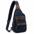 Umh?ngetasche 18¡Á8¡Á32 cm aus Textil und Kunstleder in Dunkelblau Braun mit verstellbarem Schultergurt