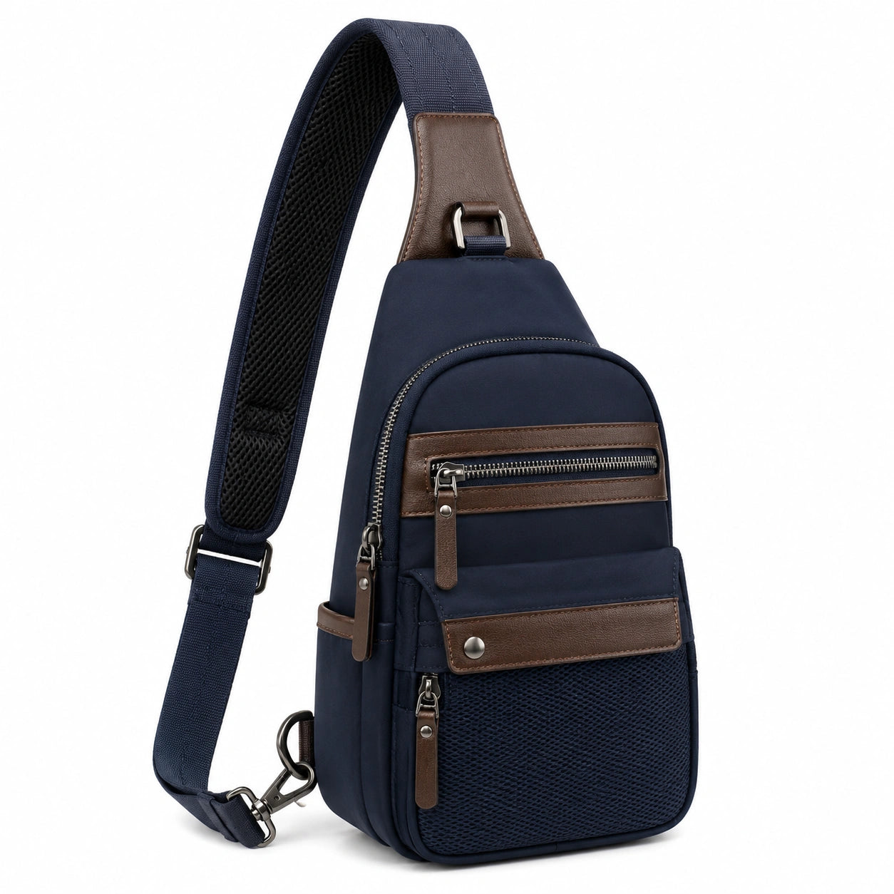 Umh?ngetasche 18¡Á8¡Á32 cm aus Textil und Kunstleder in Dunkelblau Braun mit verstellbarem Schultergurt