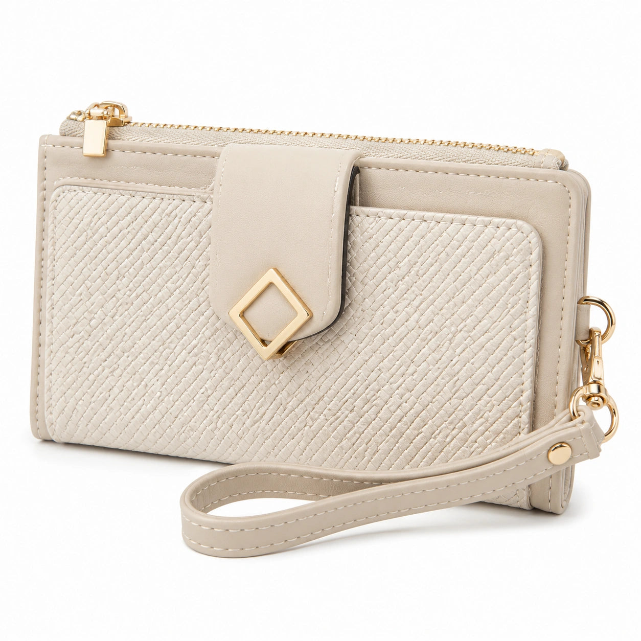 Damen Geldb?rse 20 ¡Á 3 ¡Á 11 cm aus Kunstleder Beige mit Handgelenkschlaufe
