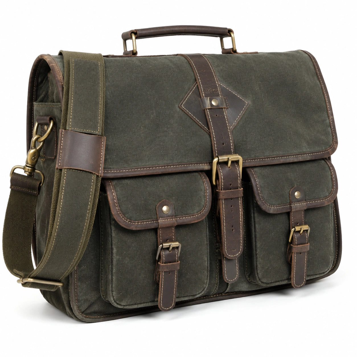 Umh?ngetasche 40 x 14 x 30 cm aus Canvas und Leder Olivgr¨¹n Braun mit Schultergurt im Vintage-Stil