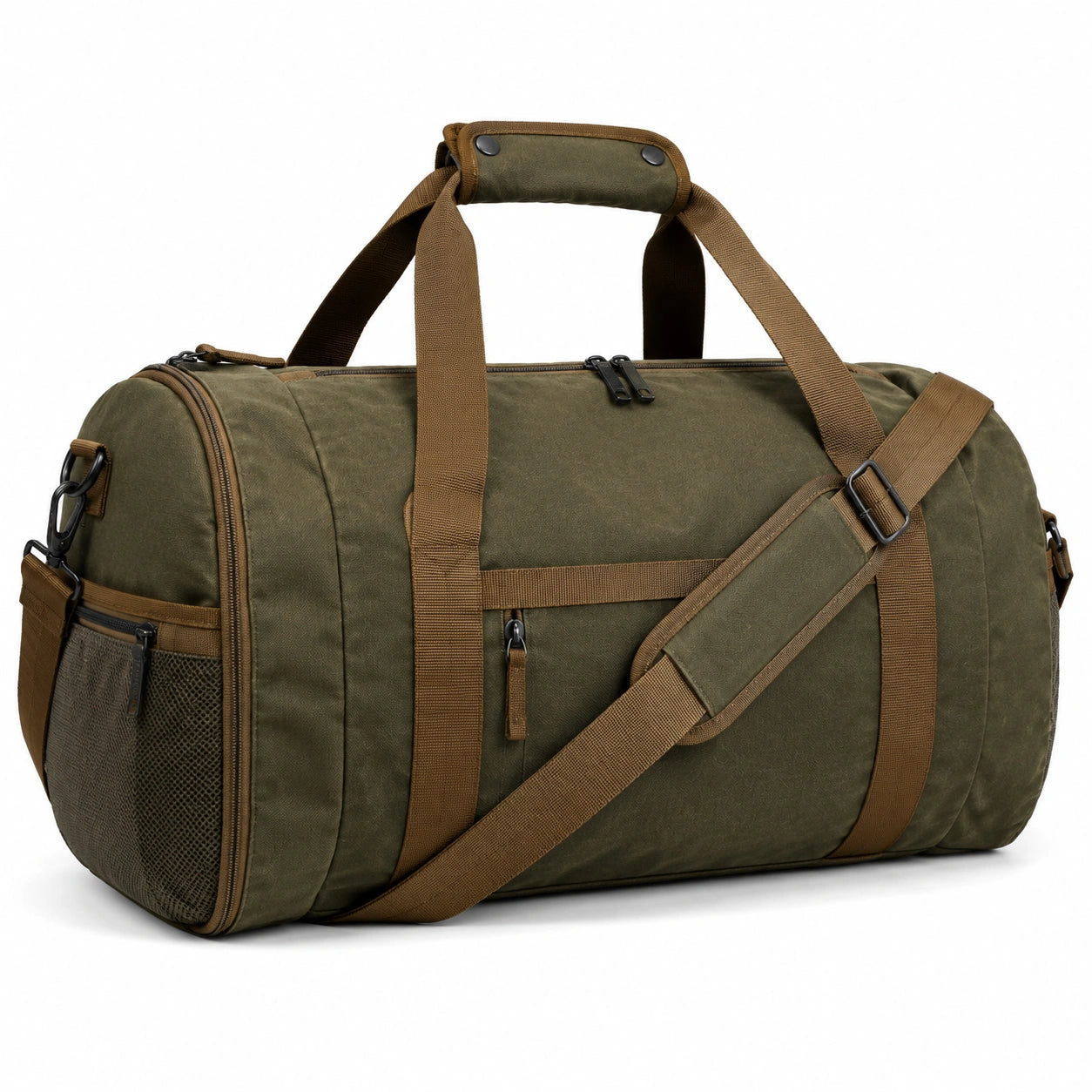 Reisetasche 50 x 25 x 28 cm aus Textilgewebe Olivgr¨¹n Braun mit Schultergurt im Duffel-Stil