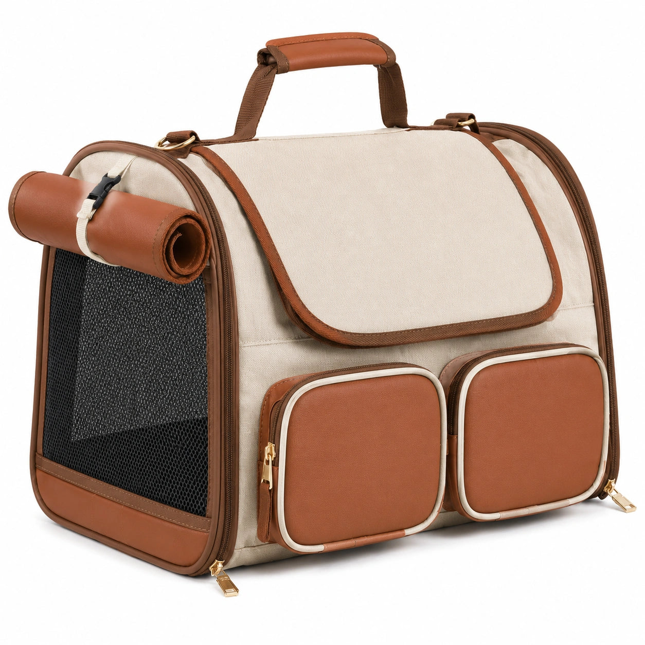 Tiertransporttasche 45 x 30 x 35 cm aus Textil in Beige Braun mit Netzeinsatz und Rei?verschluss