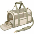 Haustiertransporttasche 45 x 28 x 30 cm aus Textil Beige Gr¨¹n mit Meshfenstern und Schultergurt