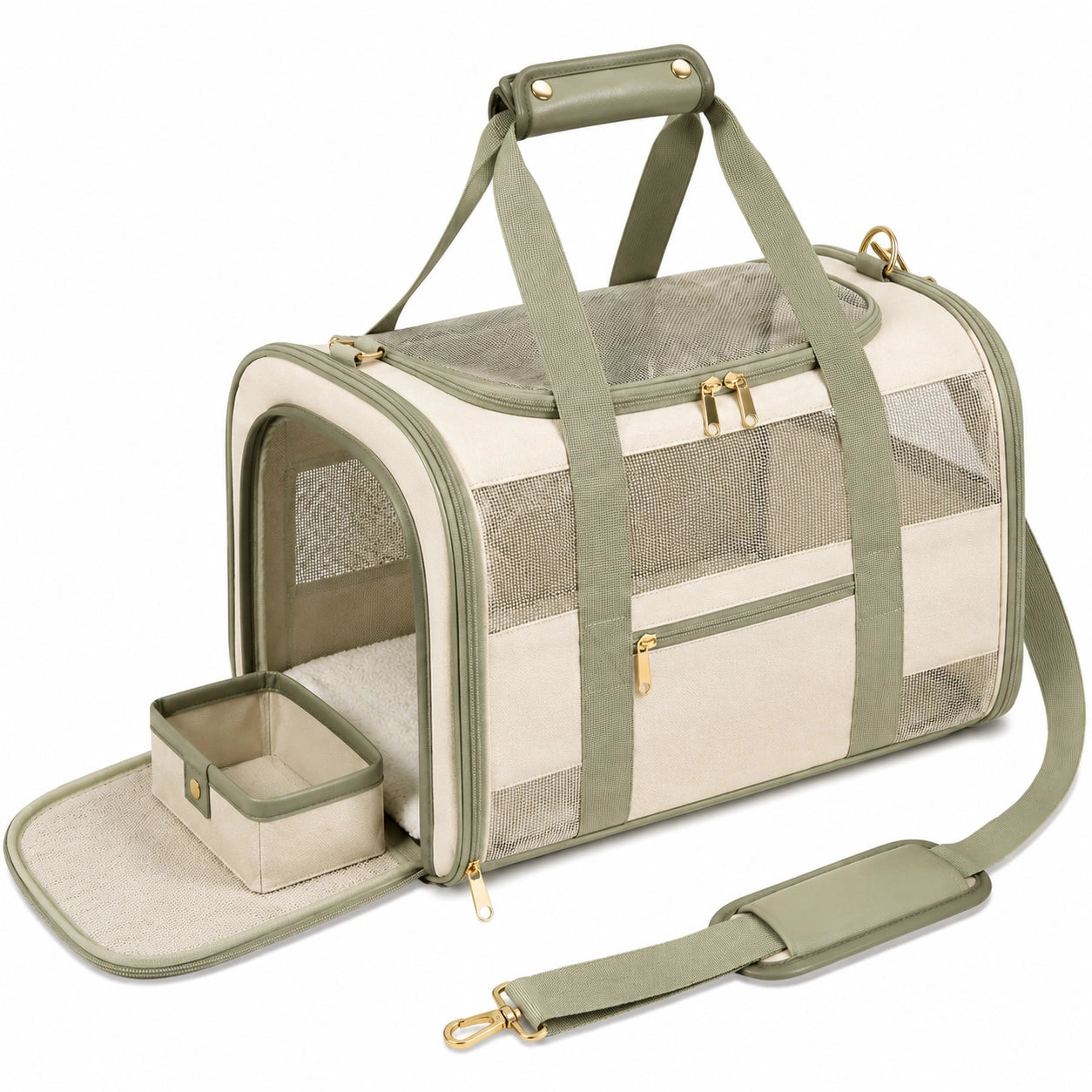 Haustiertransporttasche 45 x 28 x 30 cm aus Textil Beige Gr¨¹n mit Meshfenstern und Schultergurt