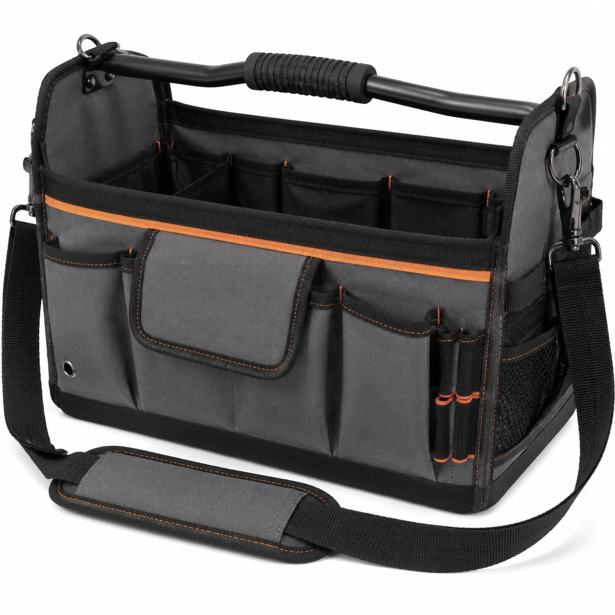 Werkzeugtasche 40 x 22 x 30 cm aus Polyester Schwarz Grau Orange mit Schultergurt und Organizerf?chern